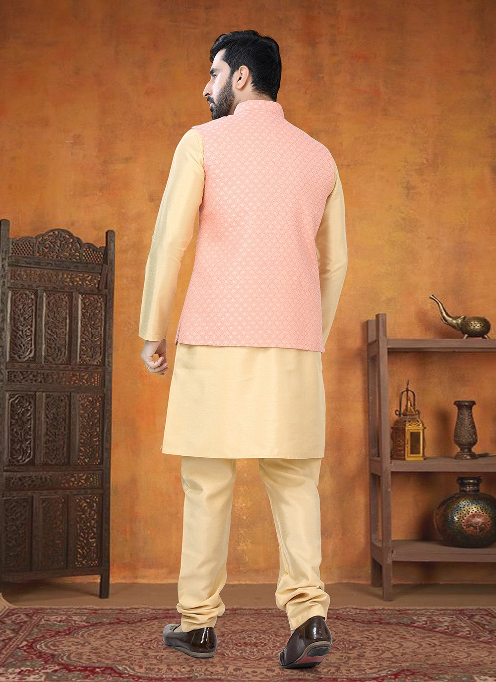 Printed Silk Gold, Peach Kurta Payjama With Jacket - M8787