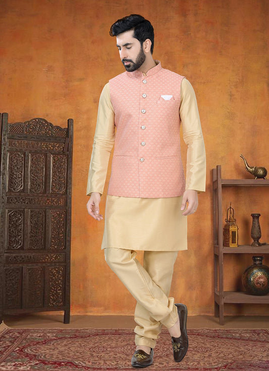 Printed Silk Gold, Peach Kurta Payjama With Jacket - M8787