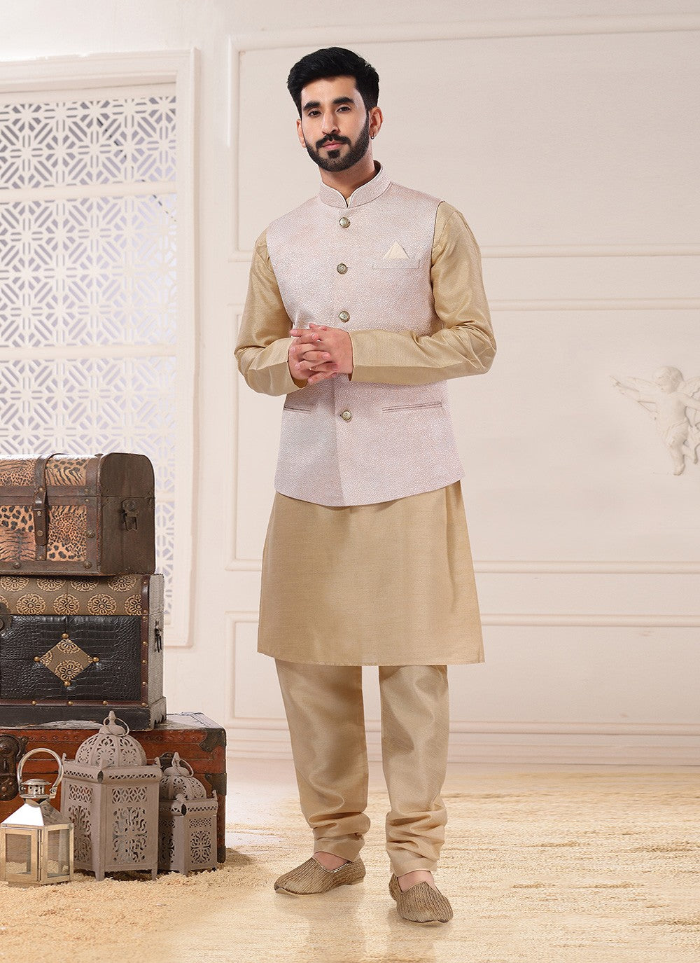 Embroidered Silk Gold Kurta Payjama With Jacket - M4698