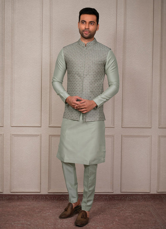 Embroidered Silk Green Kurta Payjama With Jacket - M8361