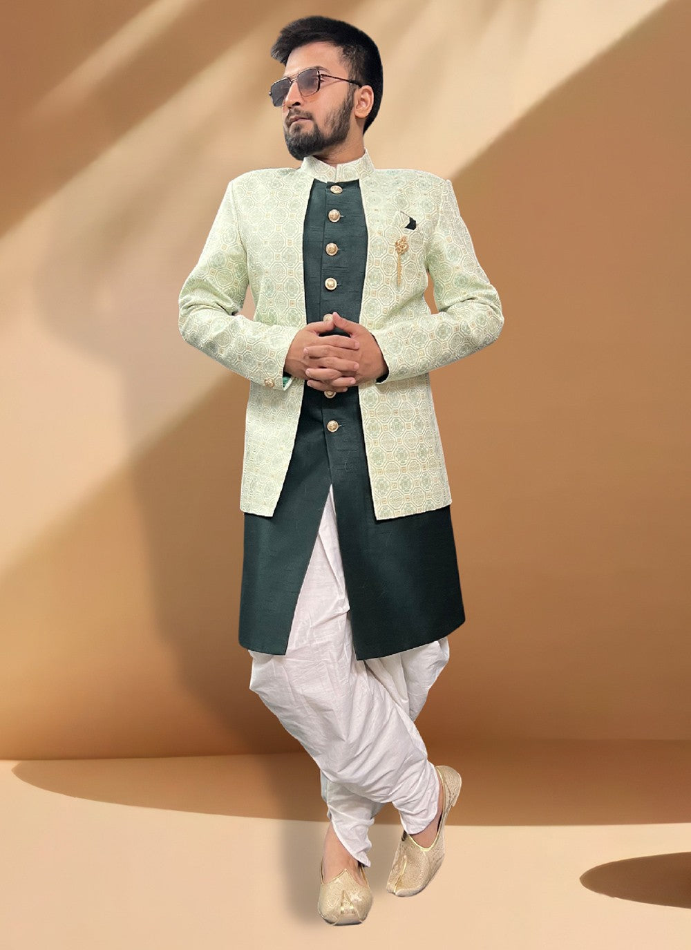 Fancy Work Silk Green Indo Western - M5346