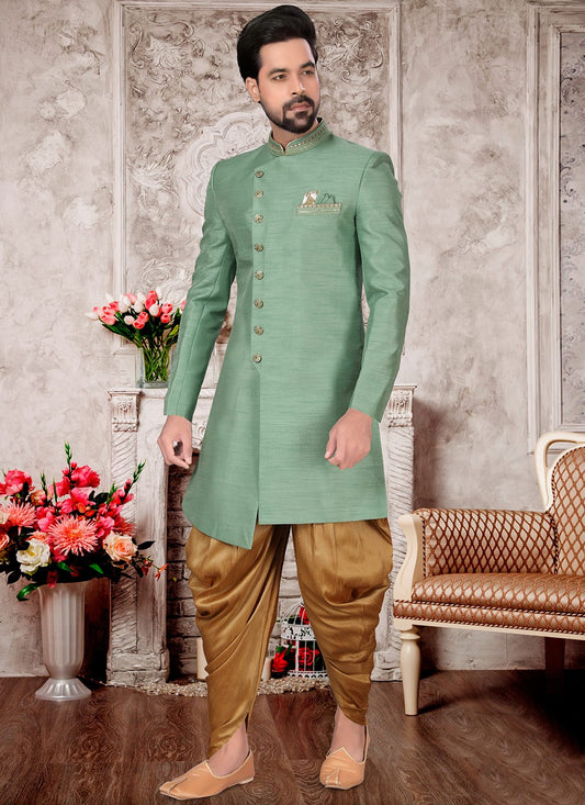 Hand Embroidery Silk Green Indo Western Sherwani - M2995