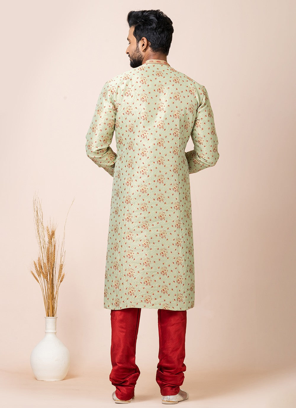 Jacquard Work Silk Green Kurta Pyjama - M7518