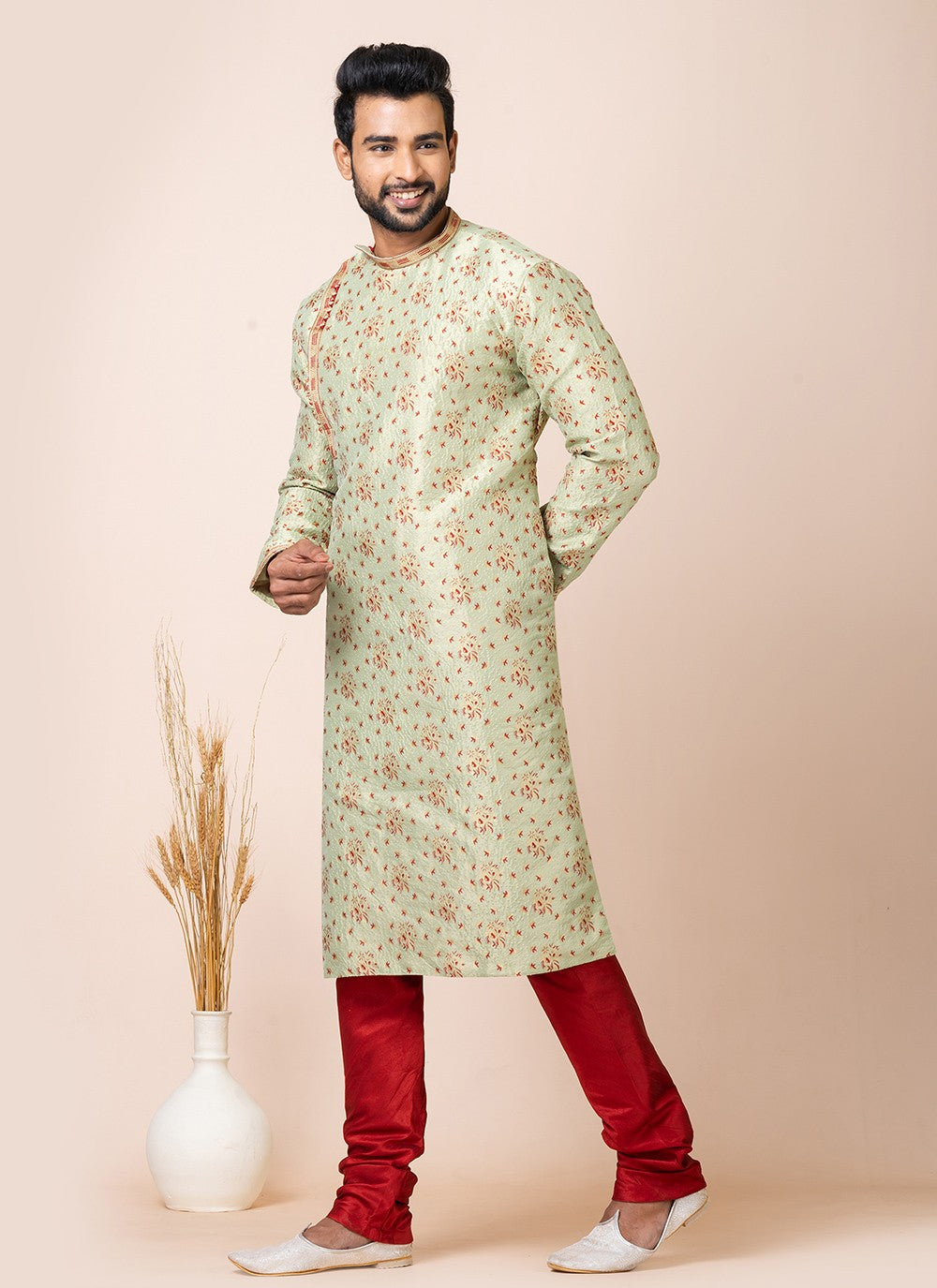 Jacquard Work Silk Green Kurta Pyjama - M7518