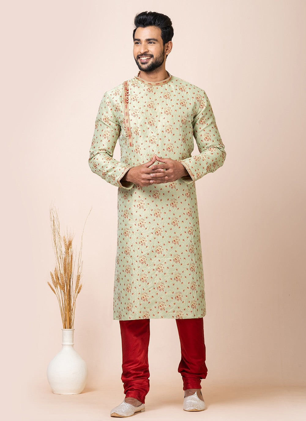 Jacquard Work Silk Green Kurta Pyjama - M7518