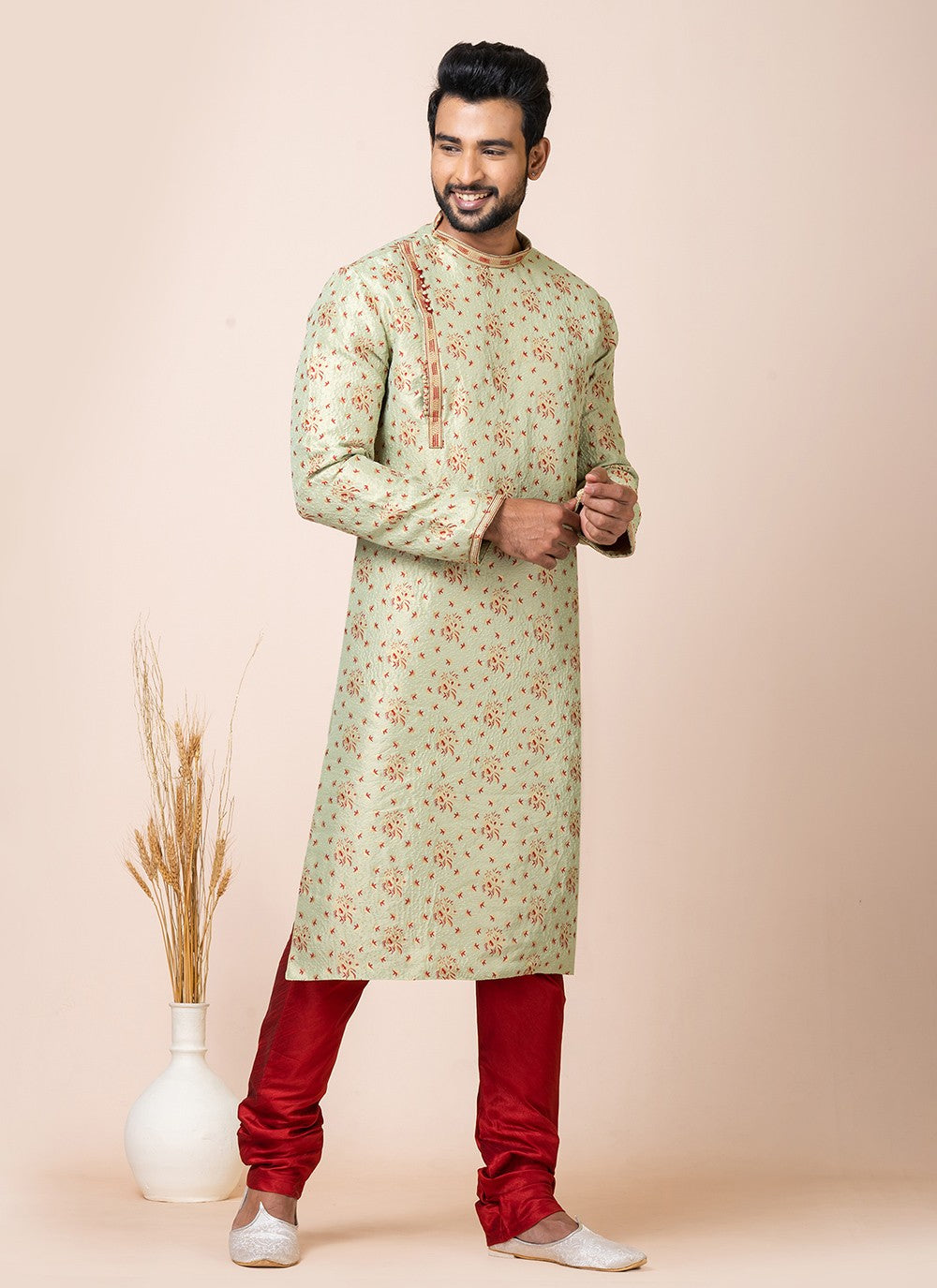 Jacquard Work Silk Green Kurta Pyjama - M7518