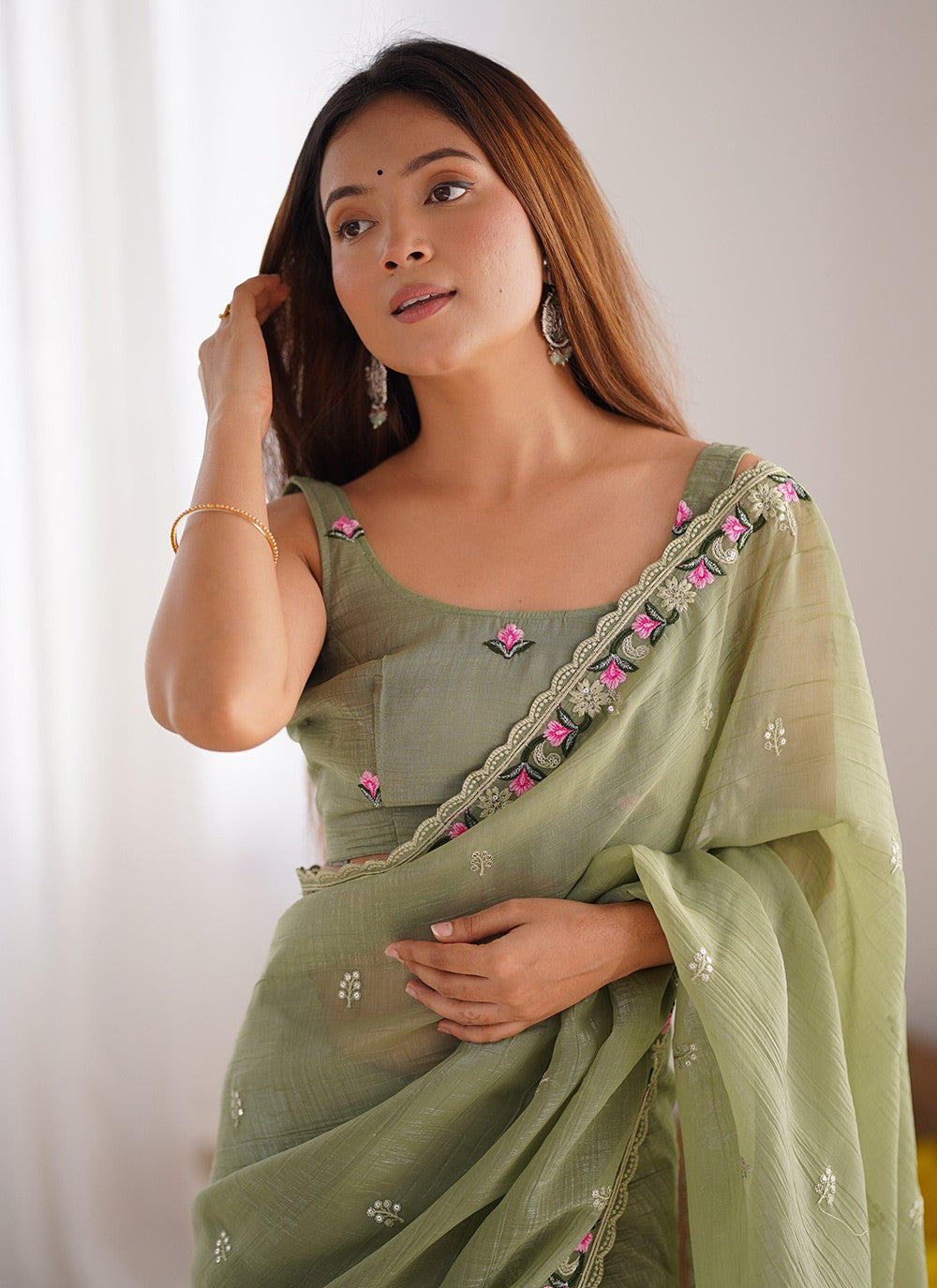 Trendy Embroidered Silk Green Saree - S11090