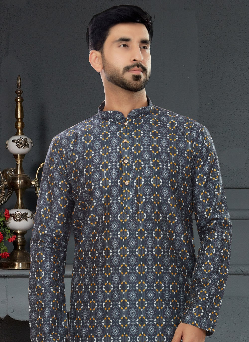 Digital Print Silk Grey Kurta Pyjama - M4733