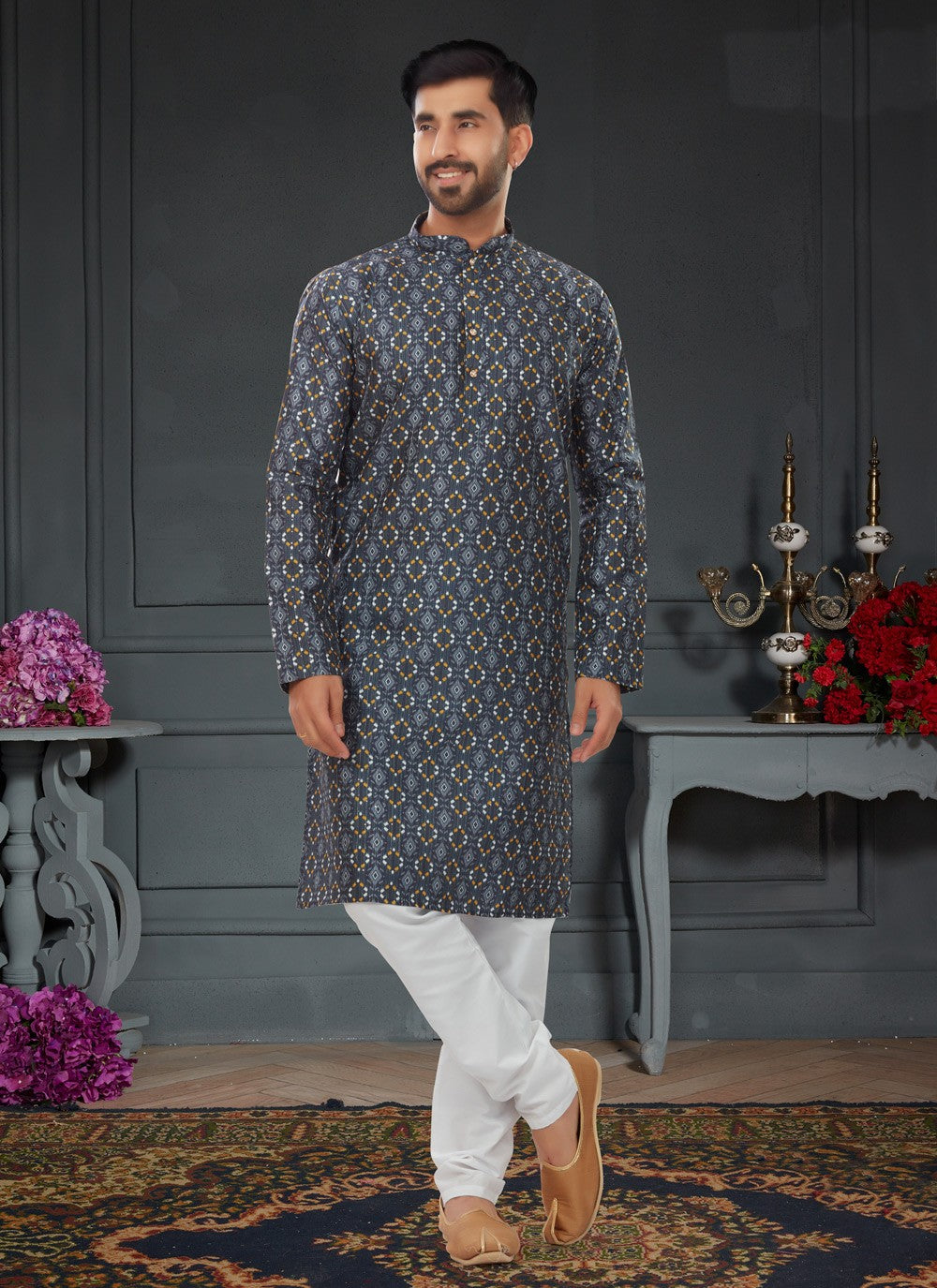 Digital Print Silk Grey Kurta Pyjama - M4733