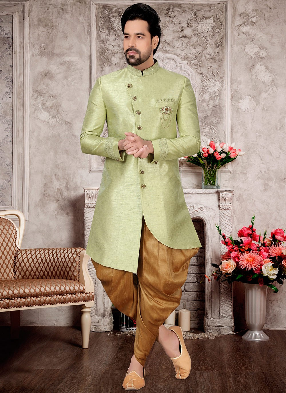 Hand Embroidery Silk Green Indo Western Sherwani - M2982