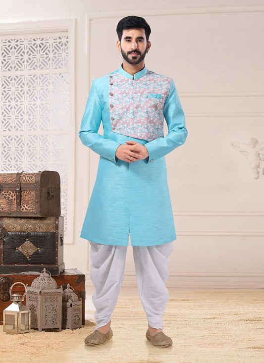 Fancy Work Silk Aqua Blue Indo Western - M4718