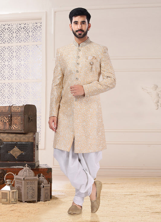 Embroidered Silk Gold Indo Western Sherwani - M4673