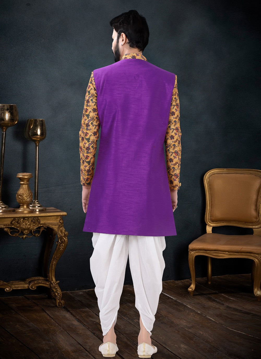 Thread Silk Purple, Yellow Indo Western Sherwani - M4437