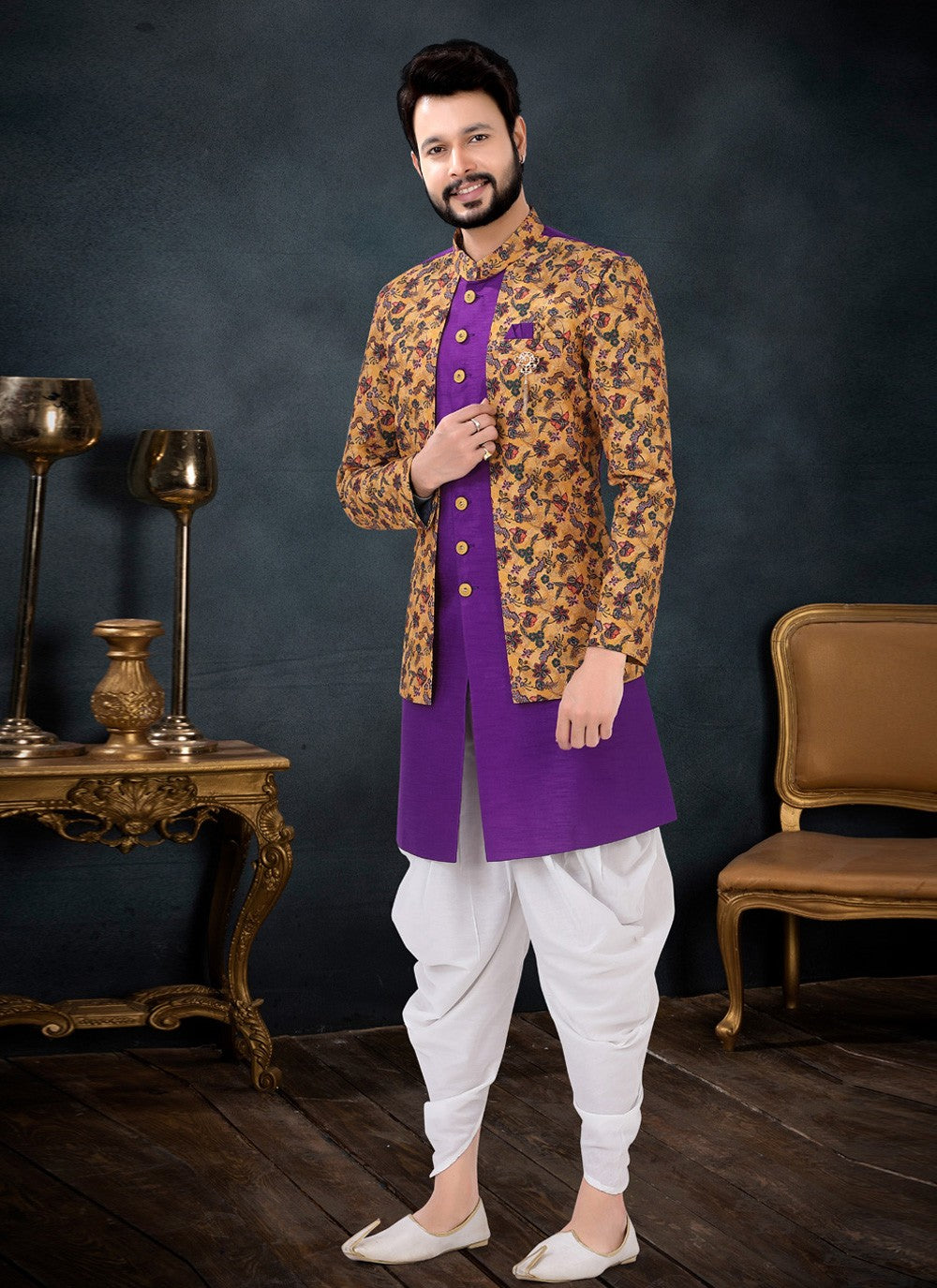 Thread Silk Purple, Yellow Indo Western Sherwani - M4437