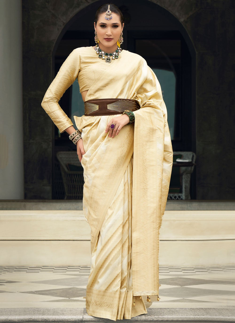 Classic Jaal Silk, Viscose Cream Saree - S10899