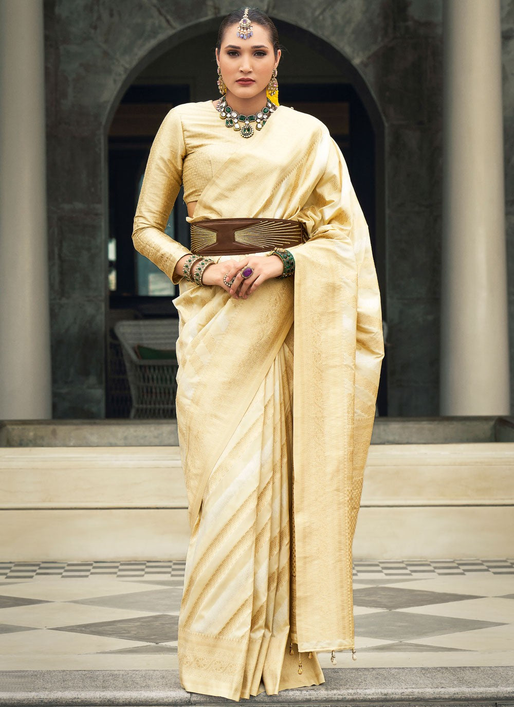 Classic Jaal Silk, Viscose Cream Saree - S10899