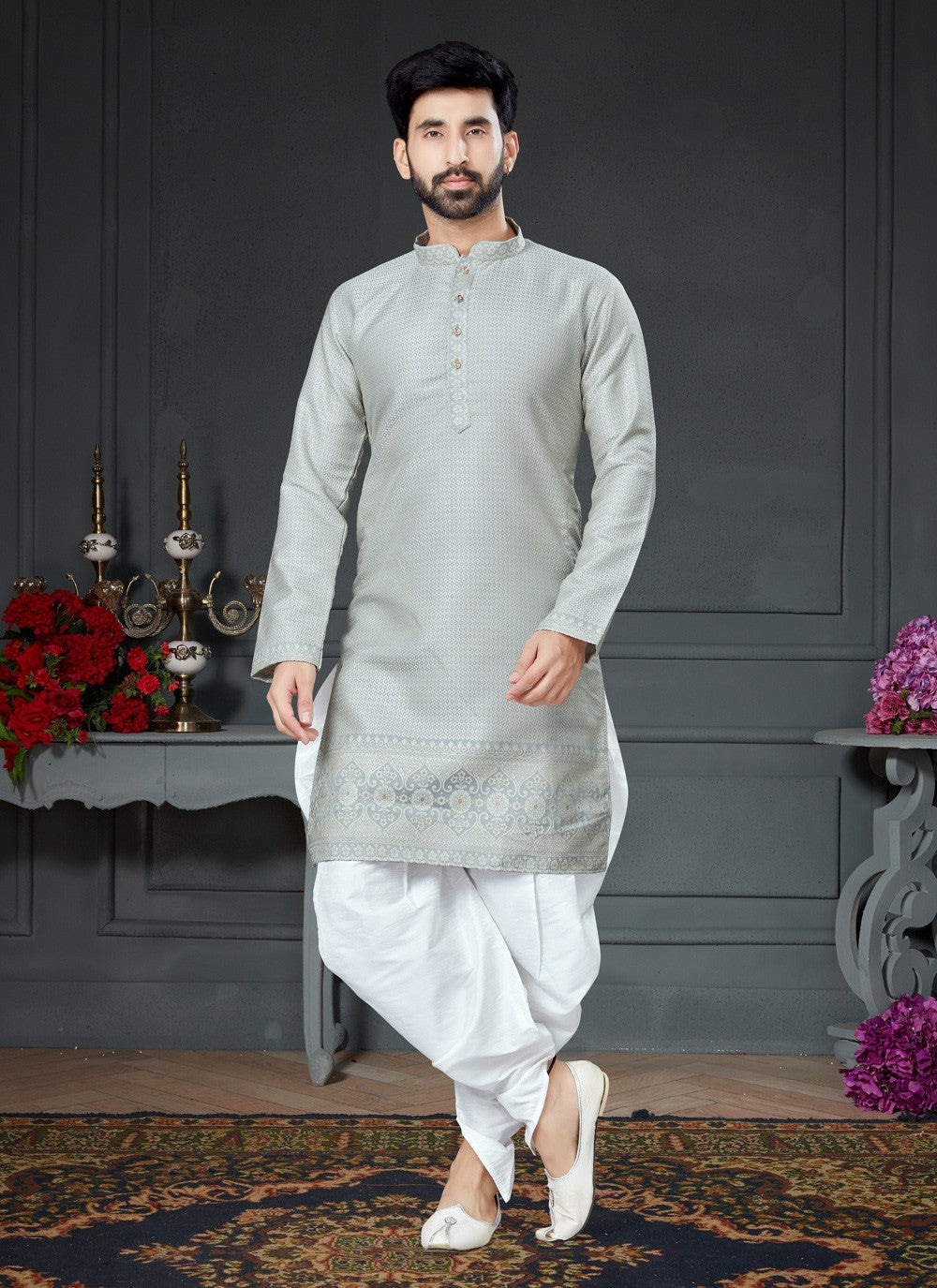 Jacquard Work Silk Grey Dhoti Kurta - M4158