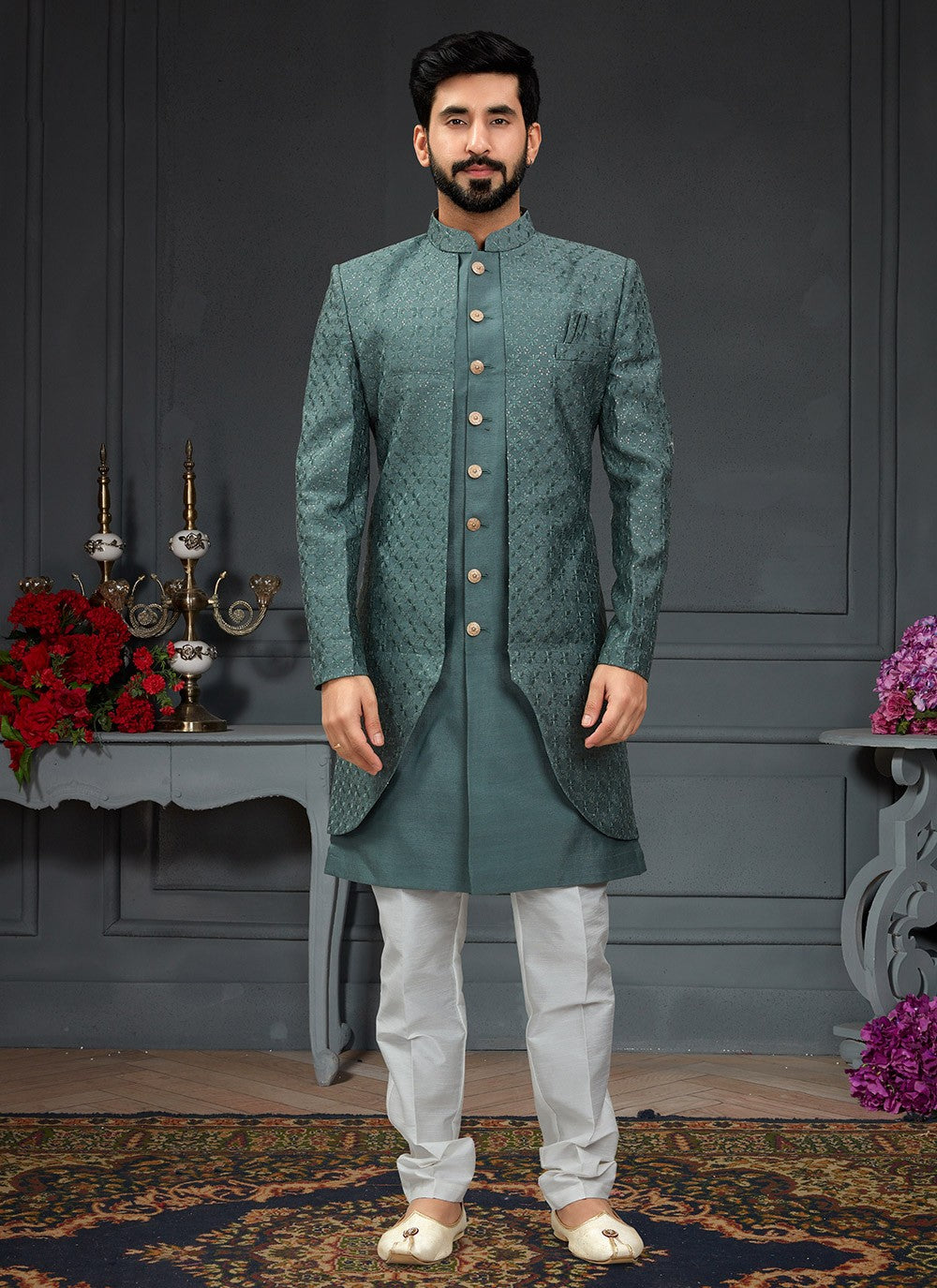 Embroidered Imported, Silk Green Indo Western - M3429