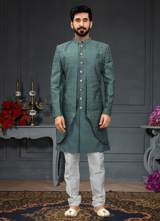 Embroidered Imported, Silk Green Indo Western - M3429