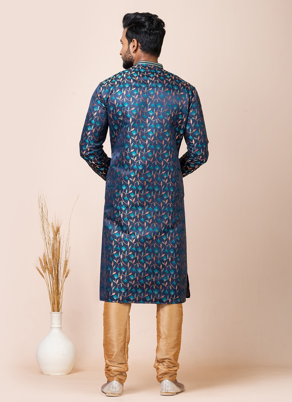 Jacquard Work Silk Navy Blue Kurta Pyjama - M7517