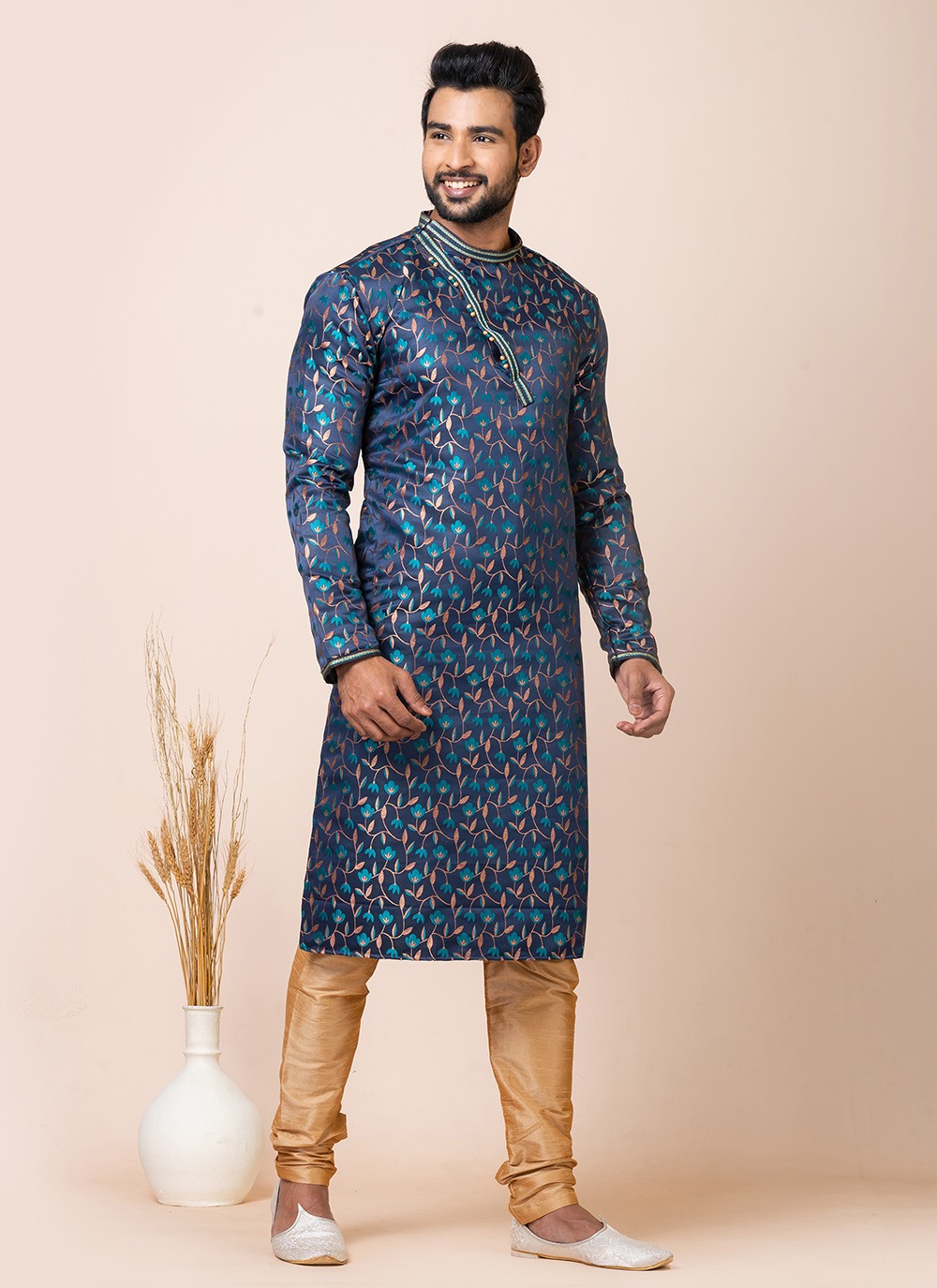 Jacquard Work Silk Navy Blue Kurta Pyjama - M7517