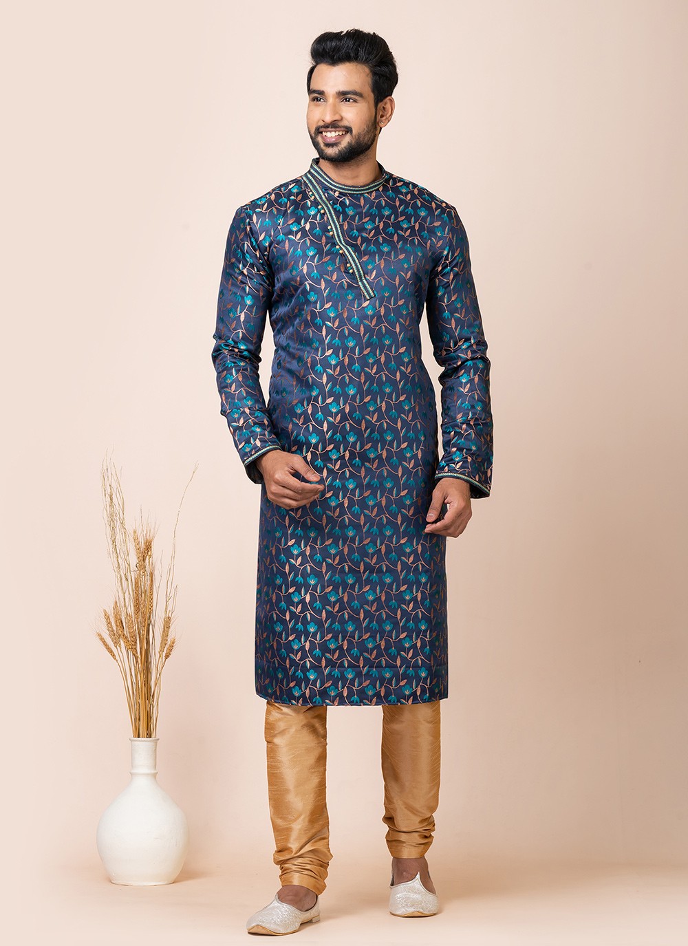 Jacquard Work Silk Navy Blue Kurta Pyjama - M7517