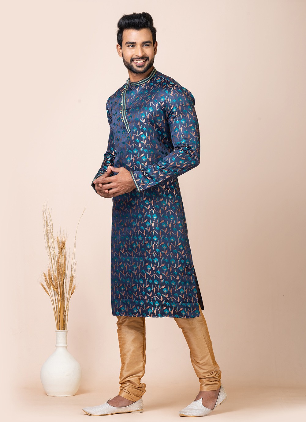 Jacquard Work Silk Navy Blue Kurta Pyjama - M7517