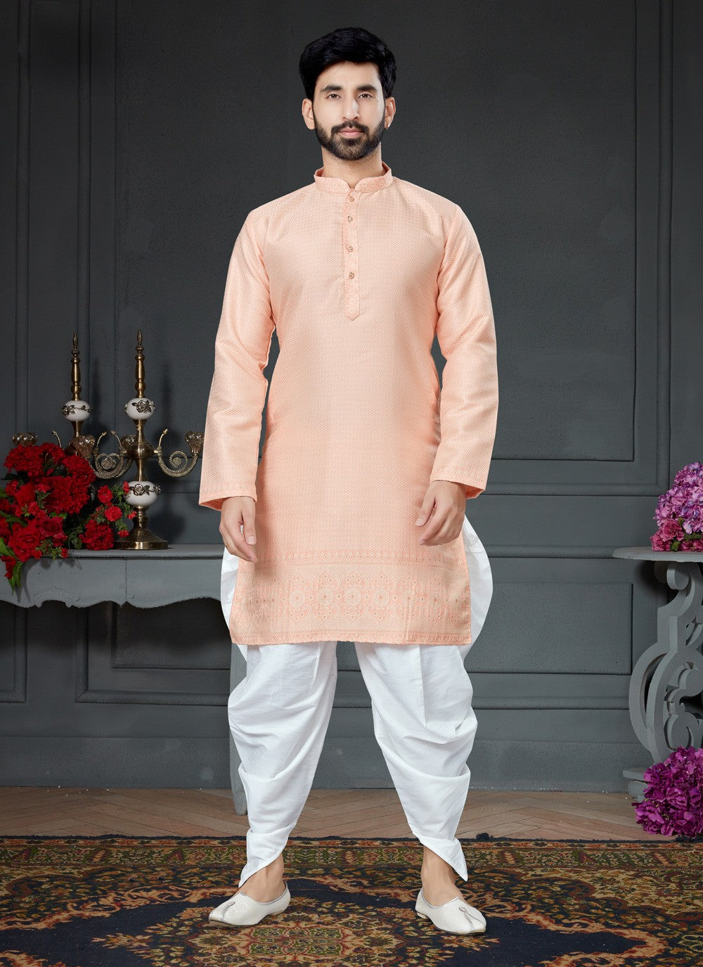 Jacquard Work Silk Peach Dhoti Kurta - M4159