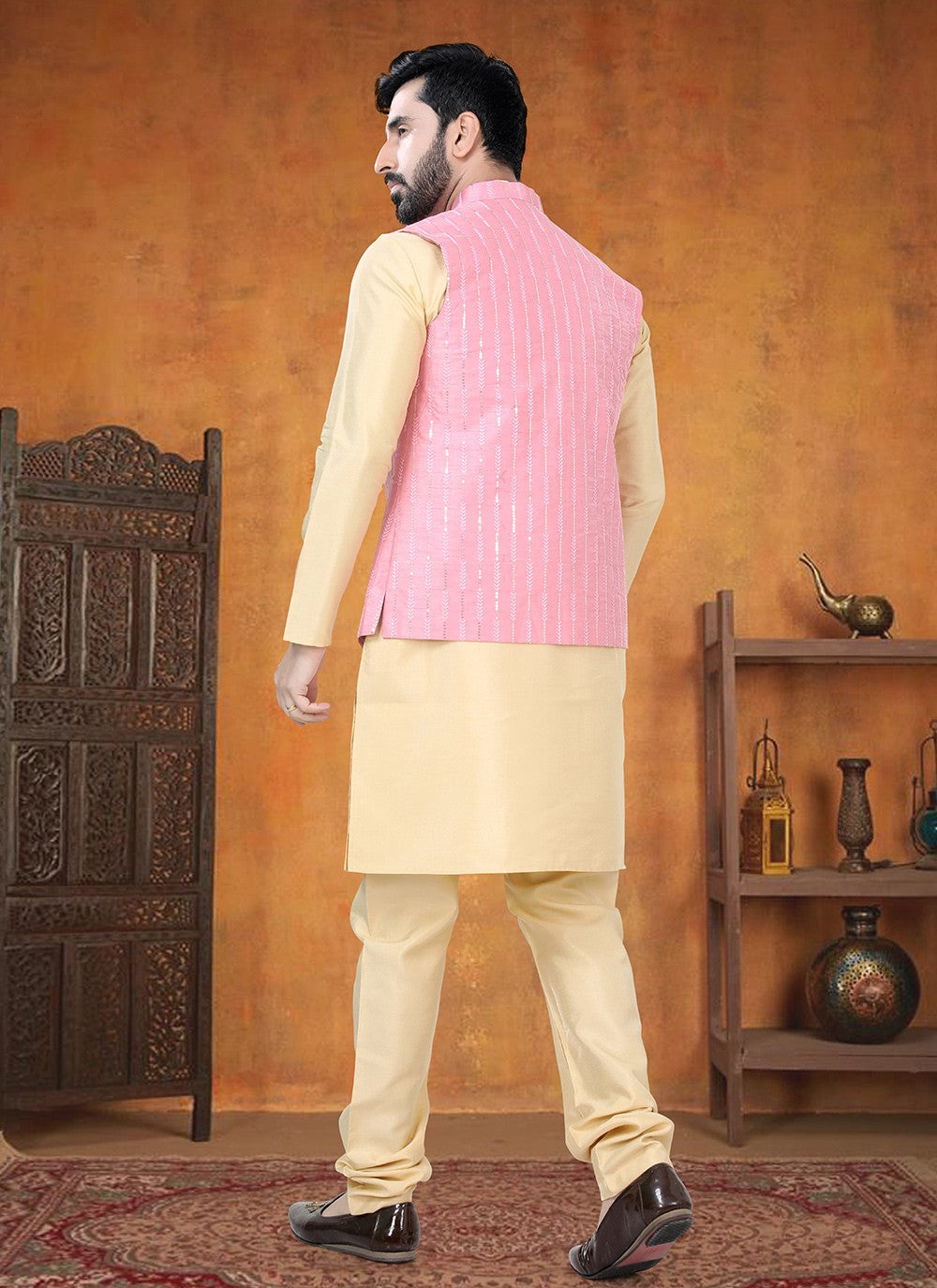 Printed Silk Gold, Pink Kurta Payjama With Jacket - M8788