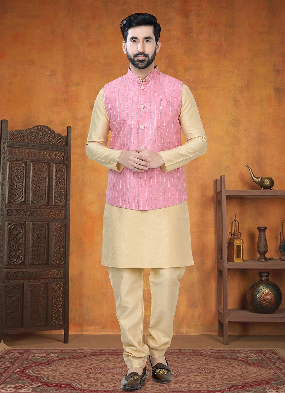 Printed Silk Gold, Pink Kurta Payjama With Jacket - M8788