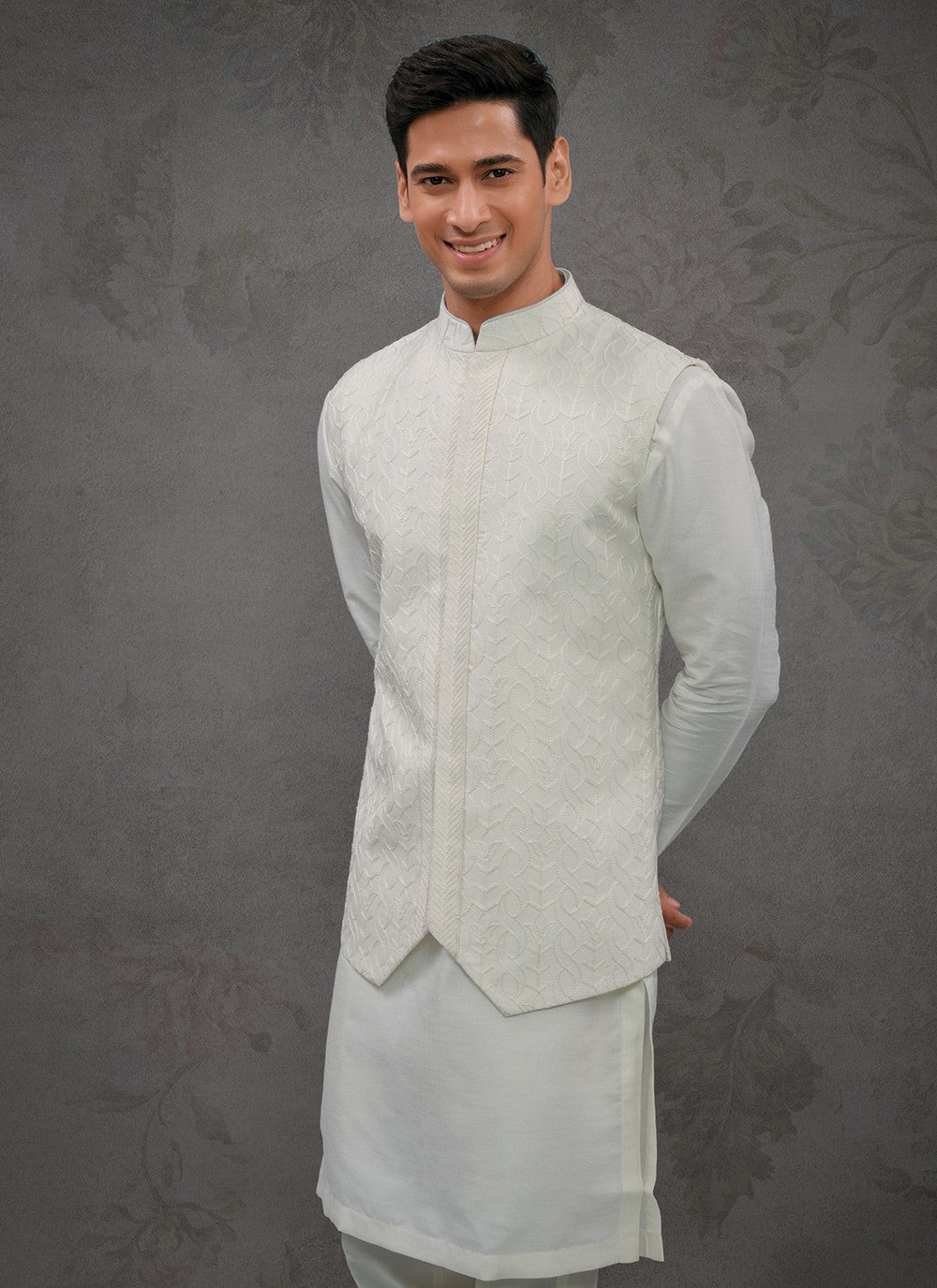 Embroidered Silk Off White Kurta Payjama With Jacket - M8465