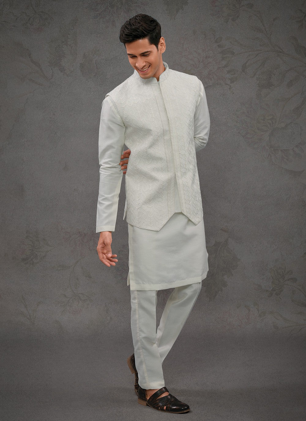 Embroidered Silk Off White Kurta Payjama With Jacket - M8465