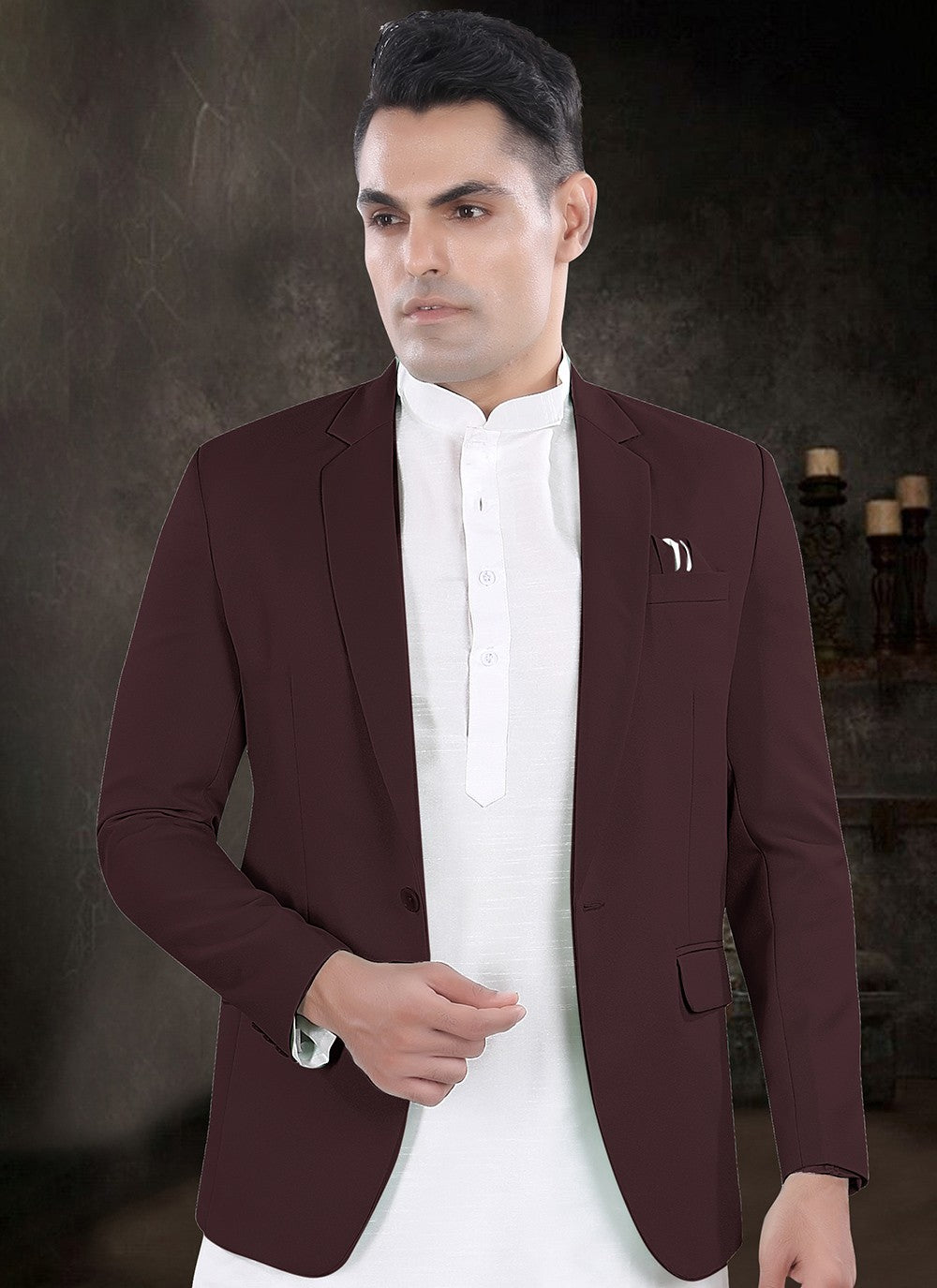 Plain Silk, Viscose Off White, Wine Kurta Payjama With Jacket - M8153