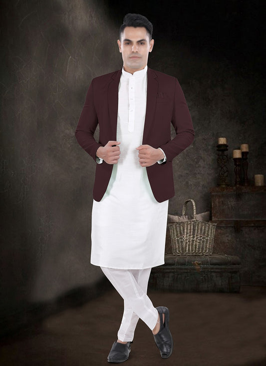 Plain Silk, Viscose Off White, Wine Kurta Payjama With Jacket - M8153