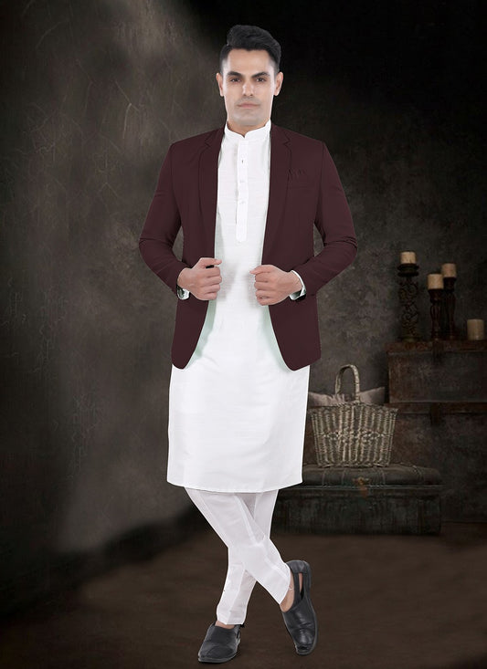 Plain Silk, Viscose Off White, Wine Kurta Payjama With Jacket - M8172