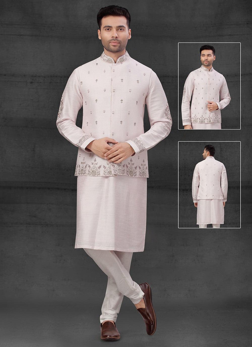 Thread Silk Pink Kurta Payjama With Jacket - M4088