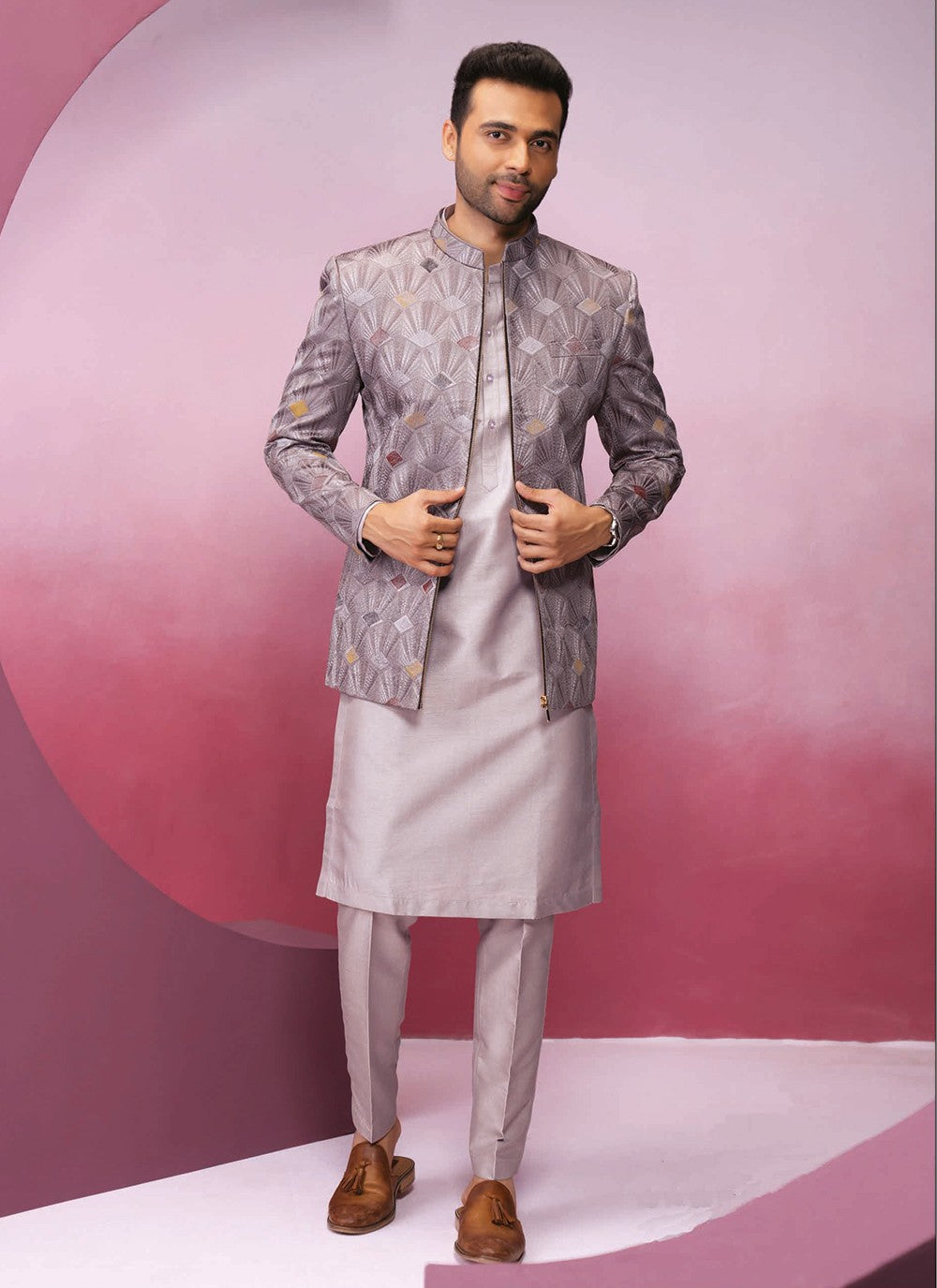 Embroidered Silk Pink Kurta Payjama With Jacket - M8351