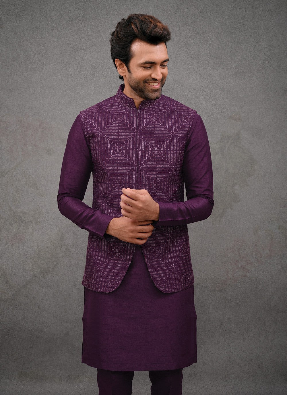 Embroidered Silk Wine Kurta Payjama With Jacket - M8455