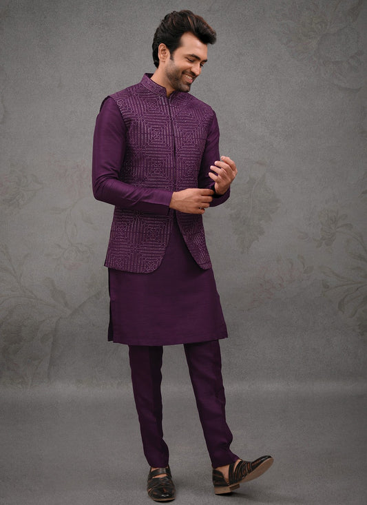 Embroidered Silk Wine Kurta Payjama With Jacket - M8455