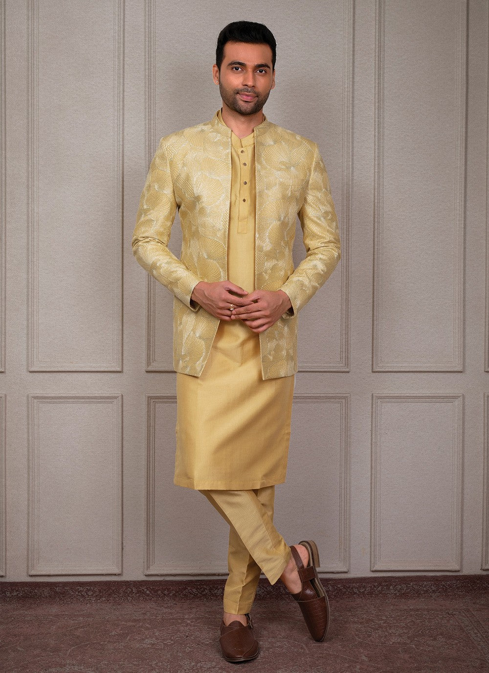 Embroidered Silk Yellow Kurta Payjama With Jacket - M8353