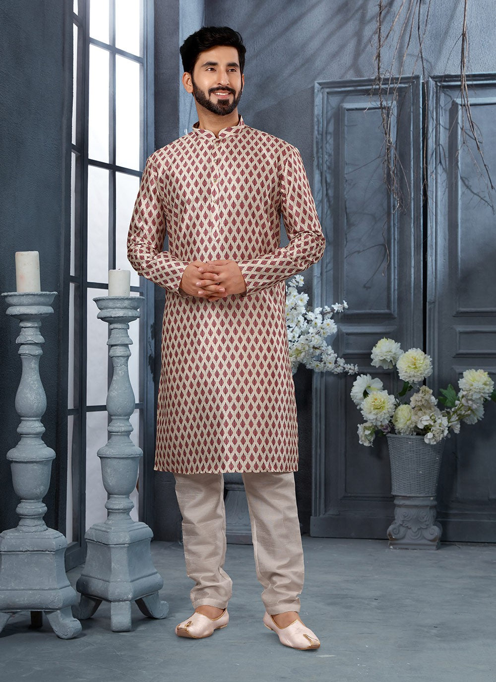 Digital Print Silk Cream Kurta Pyjama - M3013