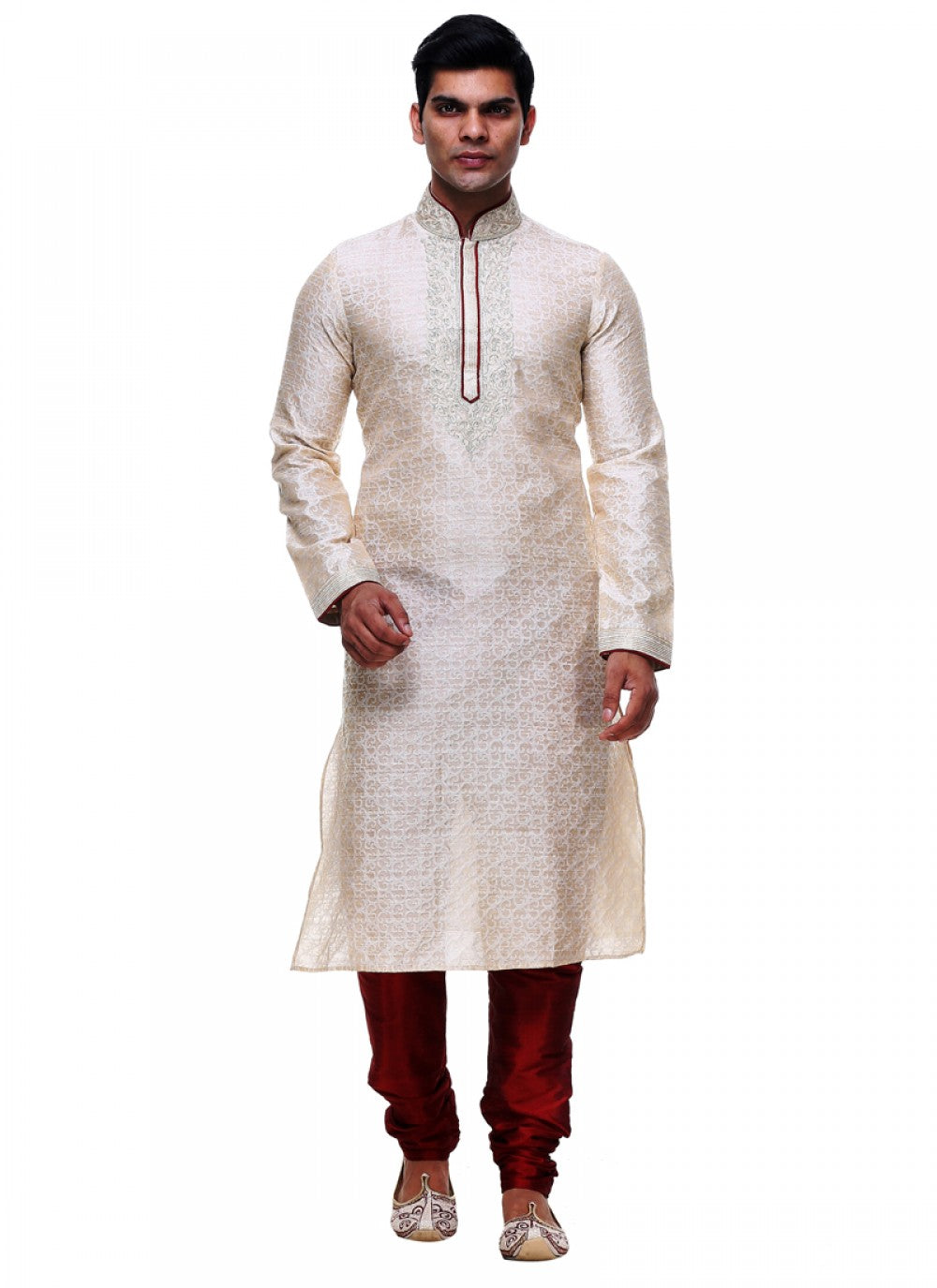 Embroidered Silk Cream Kurta Pyjama - M1029