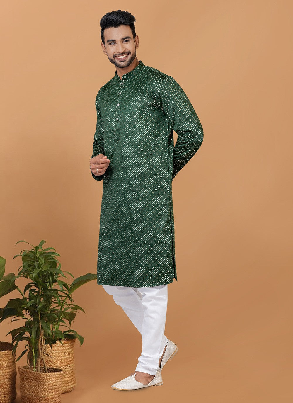 Embroidered Silk Green Kurta Pyjama - M6238