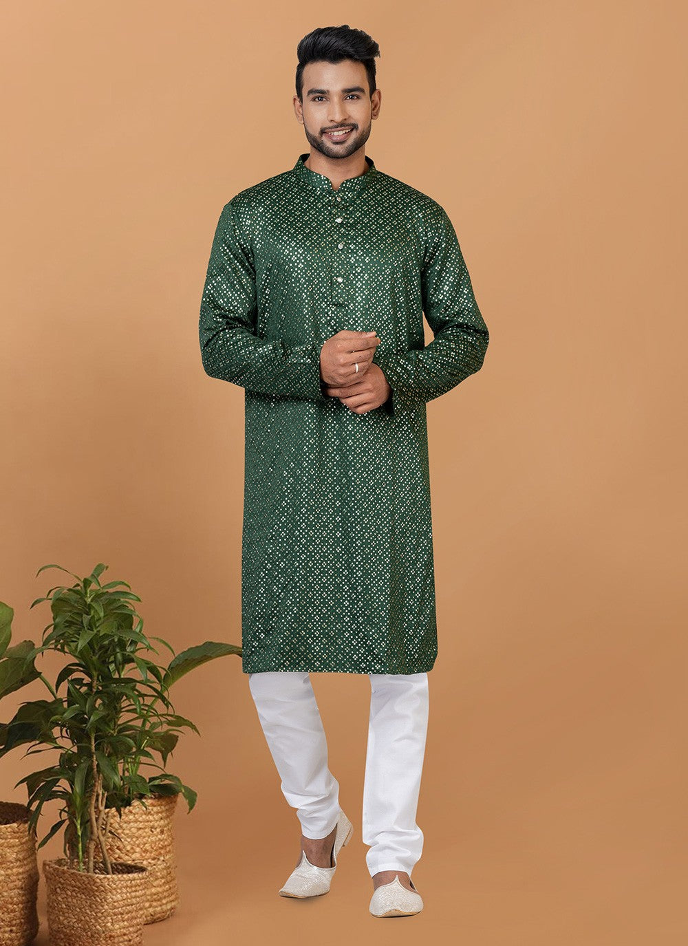 Embroidered Silk Green Kurta Pyjama - M6238