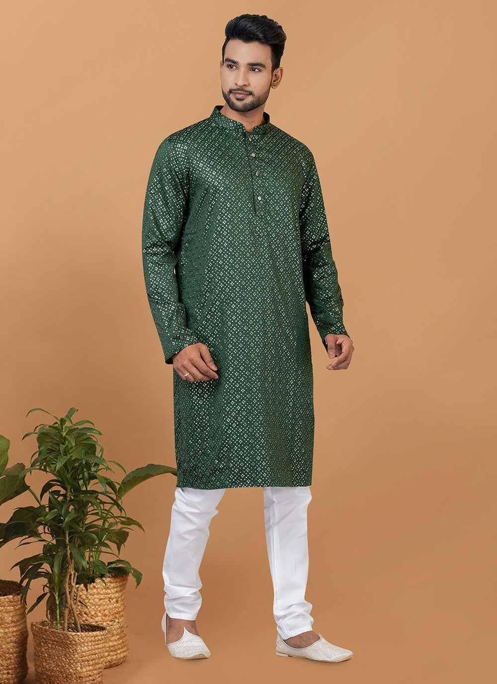 Embroidered Silk Green Kurta Pyjama - M6238