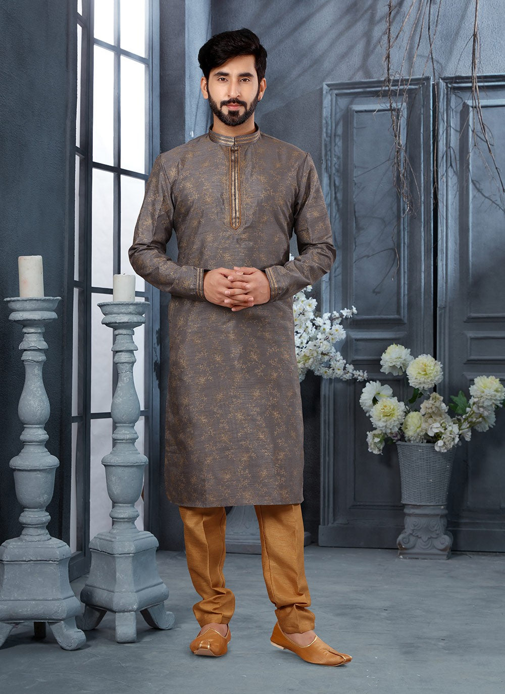 Digital Print Silk Grey Kurta Pyjama - M3017