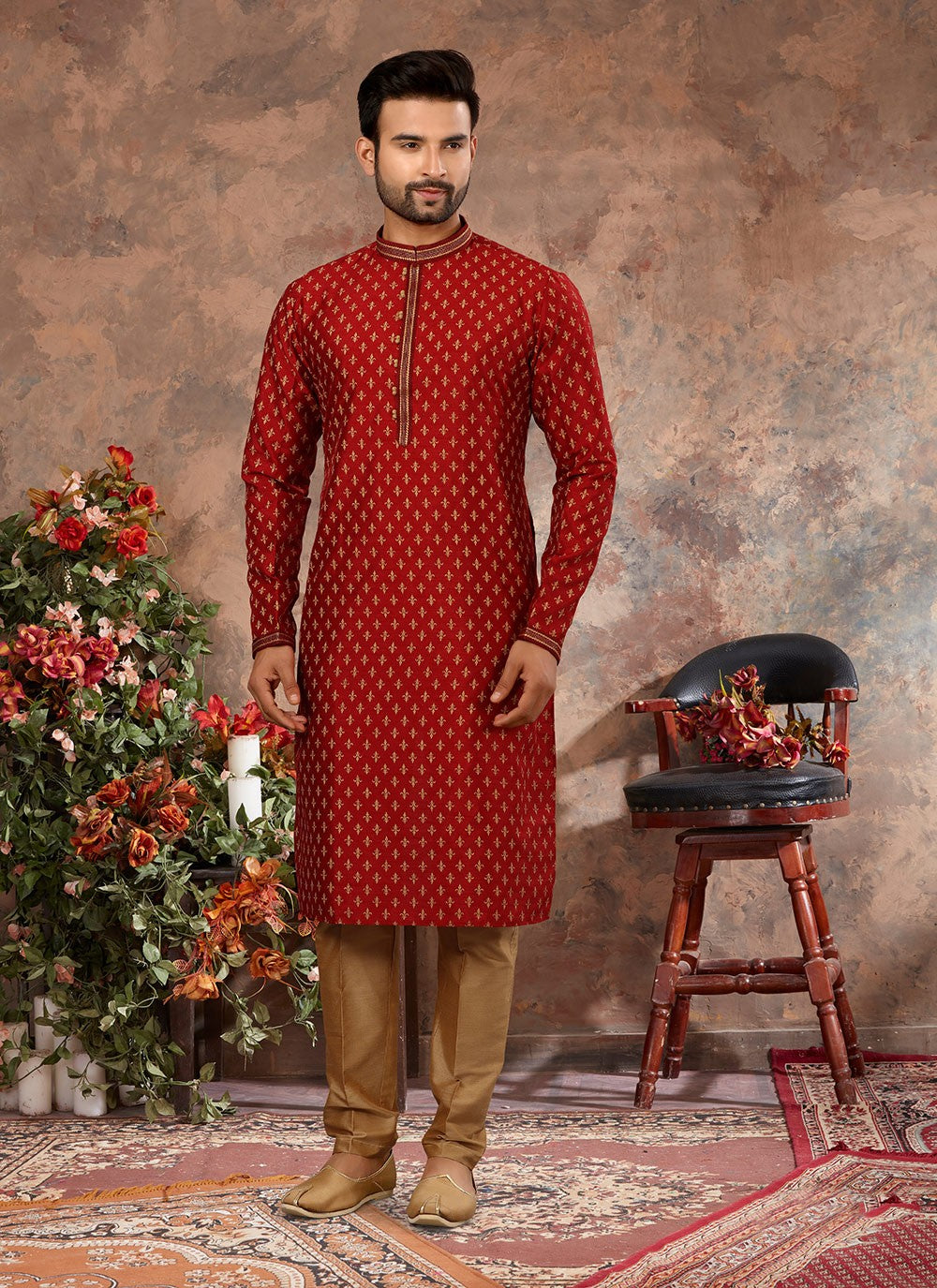 Digital Print Silk Maroon Kurta Pyjama - M3018