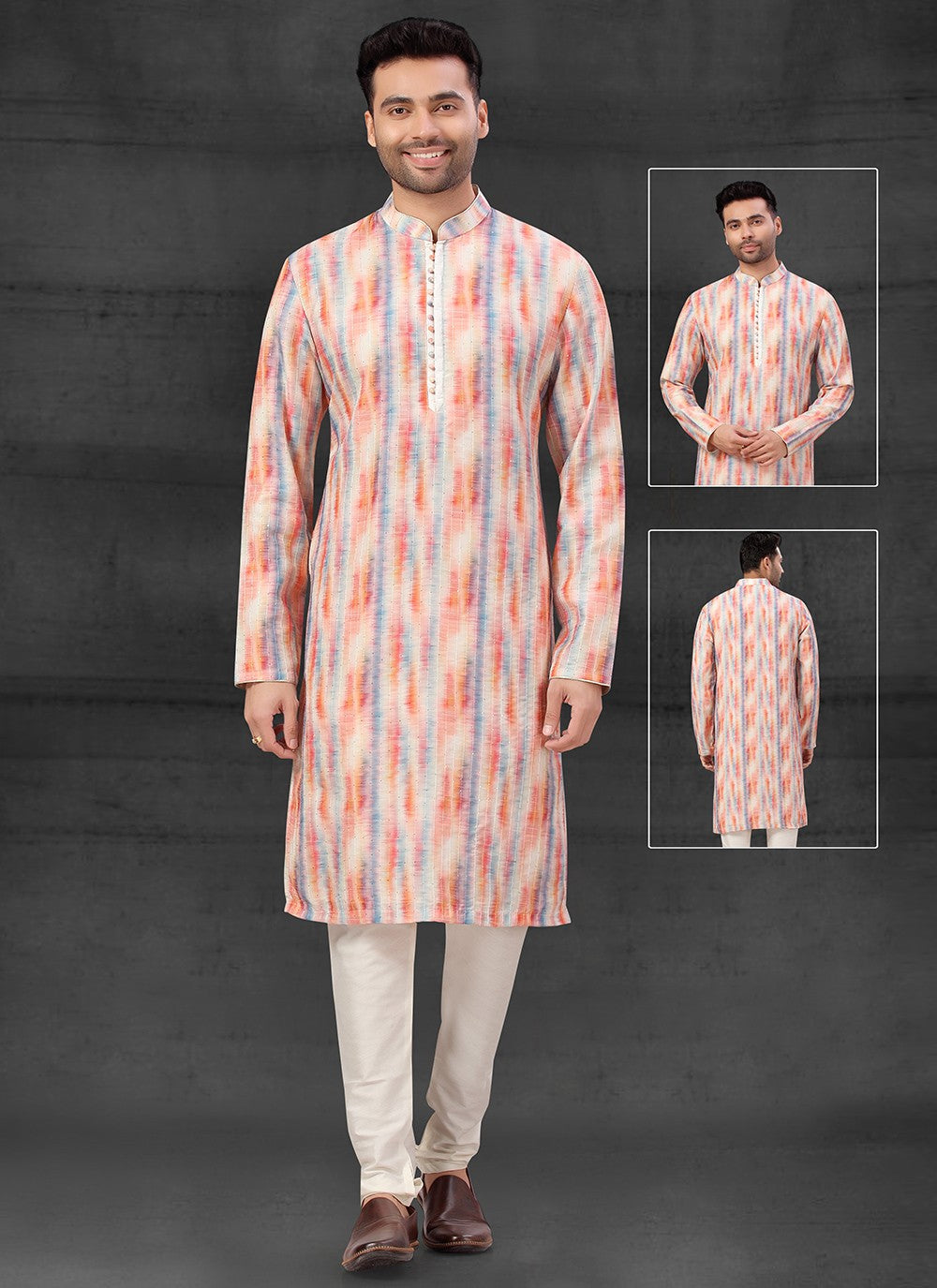 Fancy Work Silk Multi Colour Kurta Pyjama - M4103