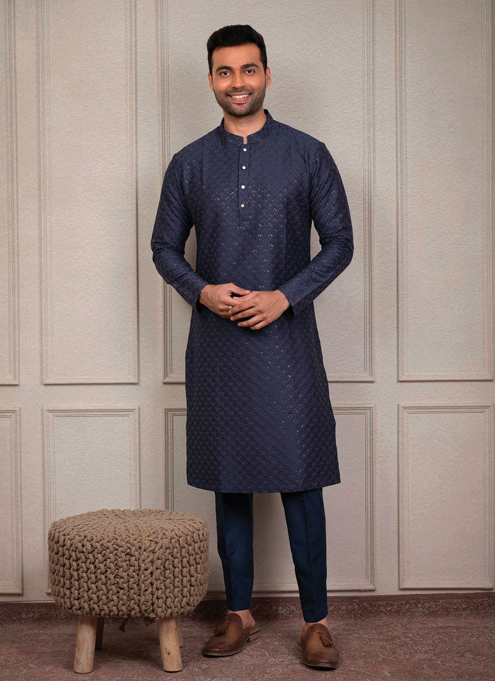 Embroidered Silk Navy Blue Kurta Pyjama - M8391