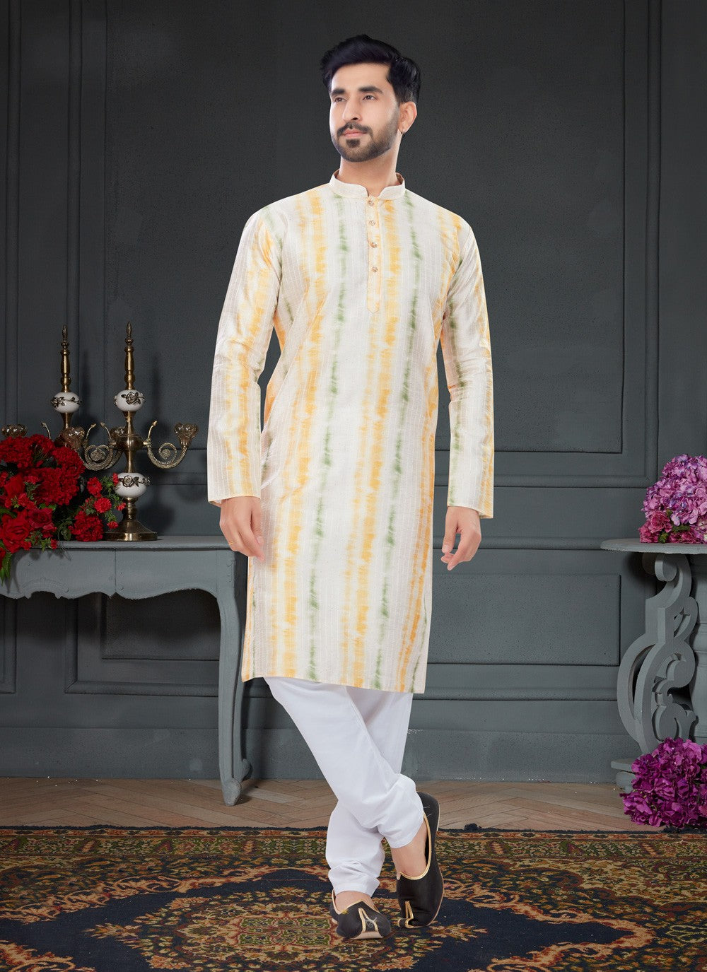 Digital Print Silk Off White Kurta Pyjama - M4737